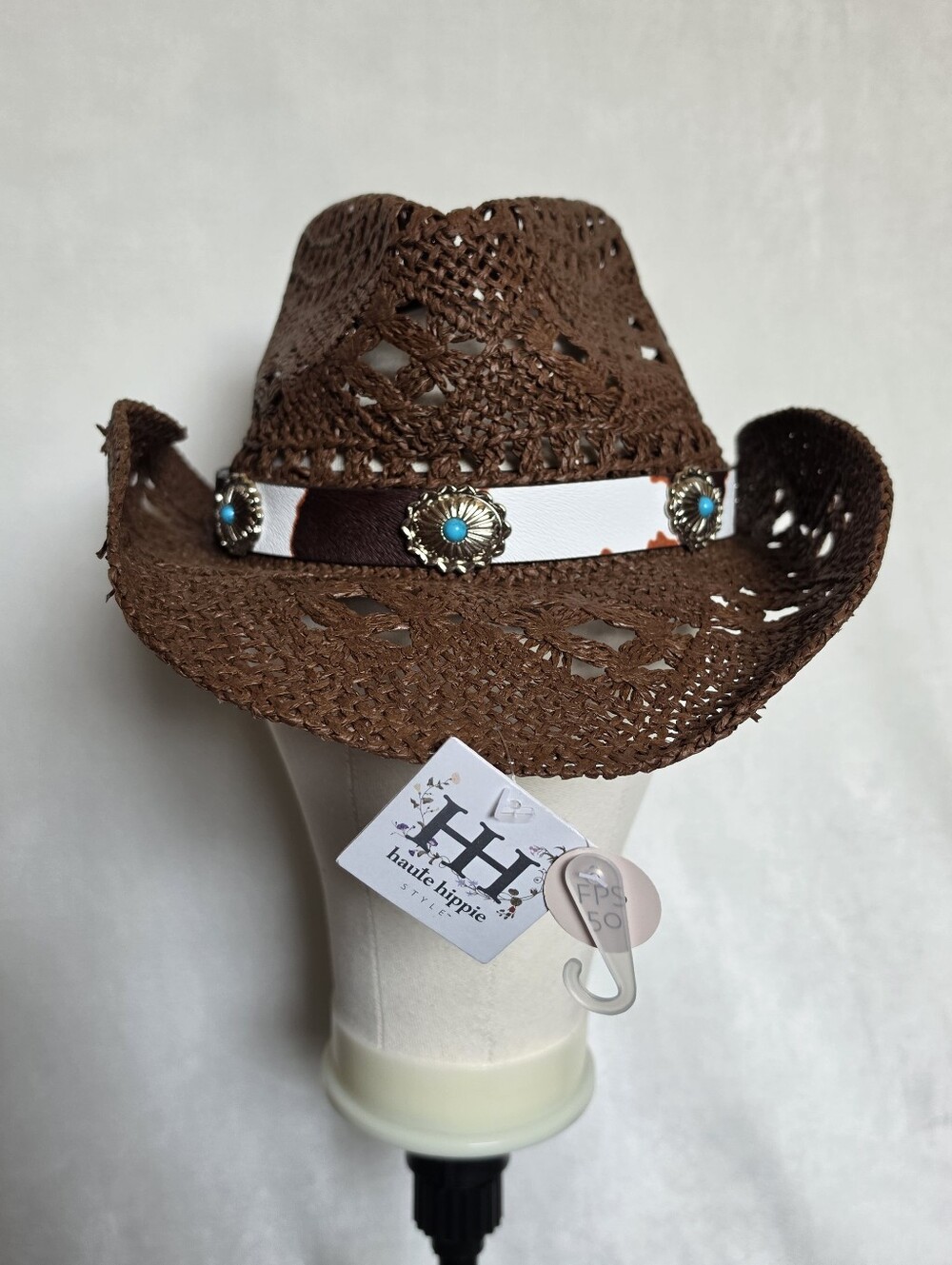 Haute Hippie Brown Straw Cowboy Hat with White and Turquoise Band Nwt